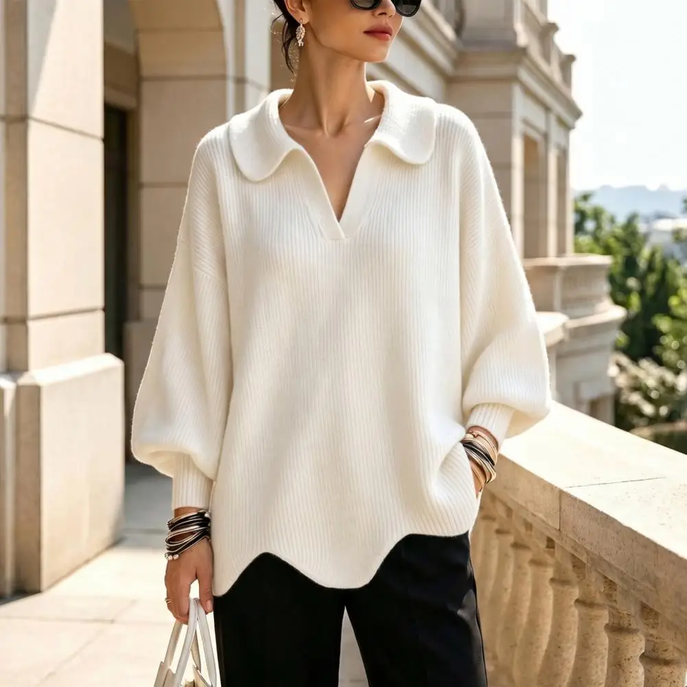 Versatile Tops Loose Fit Sweater Autumn Winter Knitted Sweater Women’s Lapel V-neck Pullover Solid Color Loose Fit Knitwear