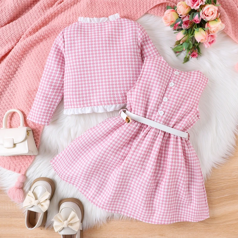 Listenwind 4-7Y Toddler Girl 2Pcs Fall Outfits Sleeveless Houndstooth Print Belted Dress + Long Sleeve Jacket Set Kid Clothes