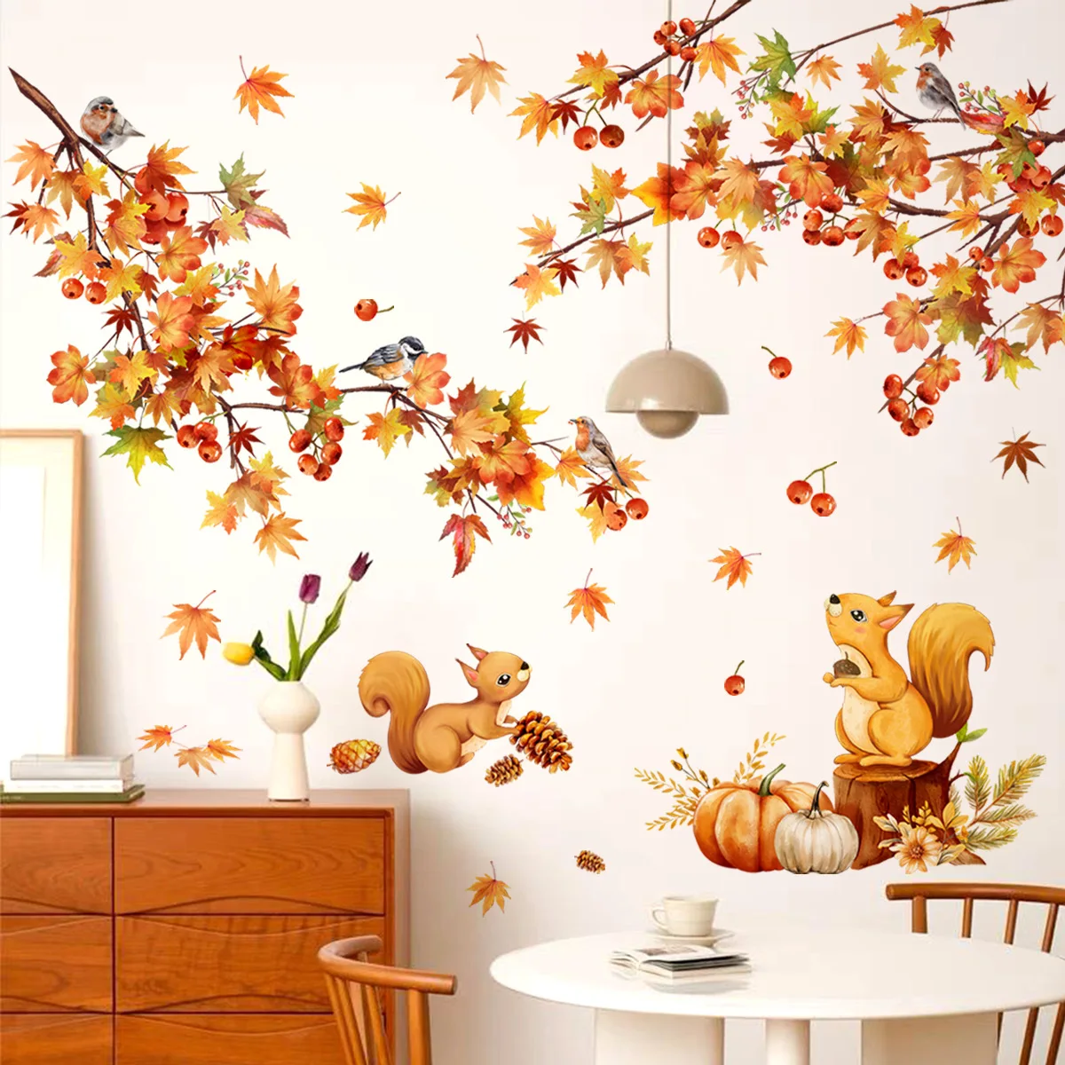 2pcs Large Watercolor Style Maple Leaf Branch Squirrel Bird Living Room Bedroom Decorative Wall Sticker Wallpapers Home Ms8537