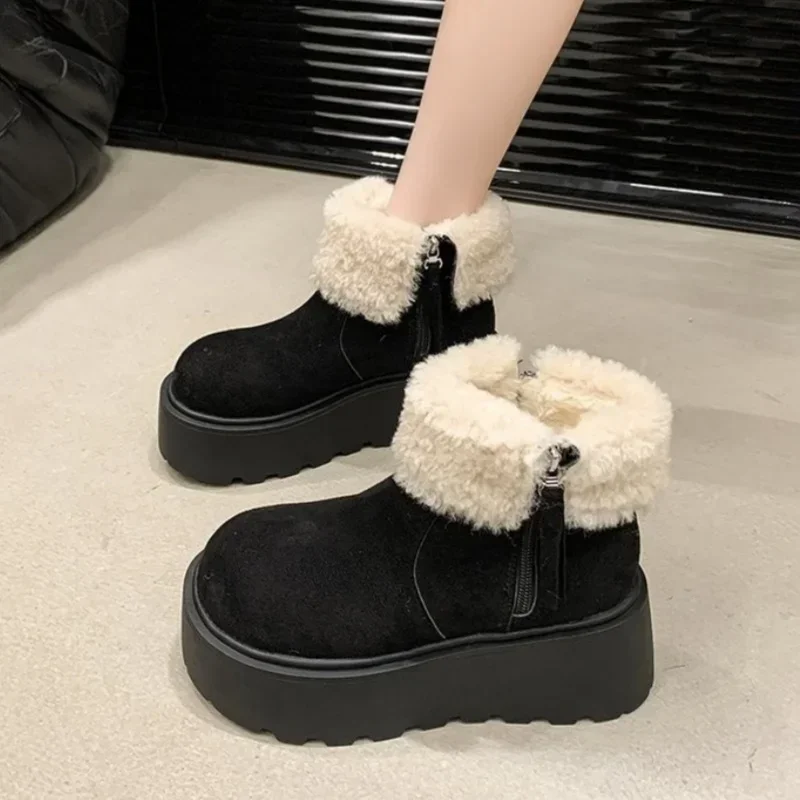 Women Fur Platform Ankle Snow Boots Flats Suede Warm Plush Cotton Shoes Woman Winter 2025 Trend Goth Cozy Non Slip Botas Mujer