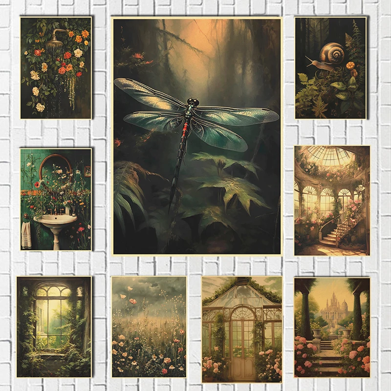 Painting Green Forest Poster  Waterfall Stream Flower Leaf Spring Print Nature Landscape Picture Ar