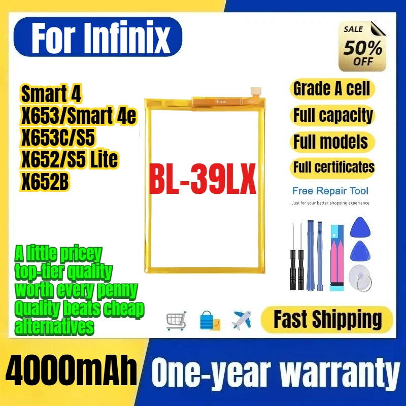 BL-39LX for Infinix Smart 4/X653/Smart 4e/X653C/S5/X652/S5 Lite/X652B Phone Battery Replacement Bateria Grade A Cell with Tools