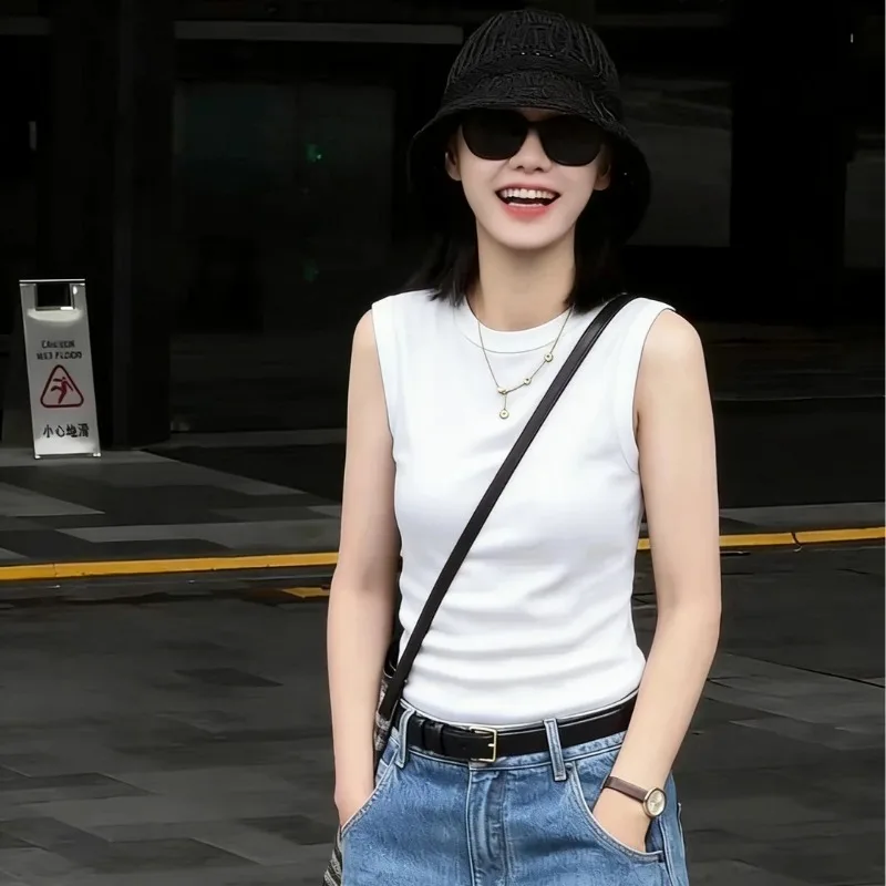 Women Clothes Summer Korean Fashion All-match Fashionable Trend Appear Thin Ice Shreds Solid Color O-neck Sleeveless Cardigan