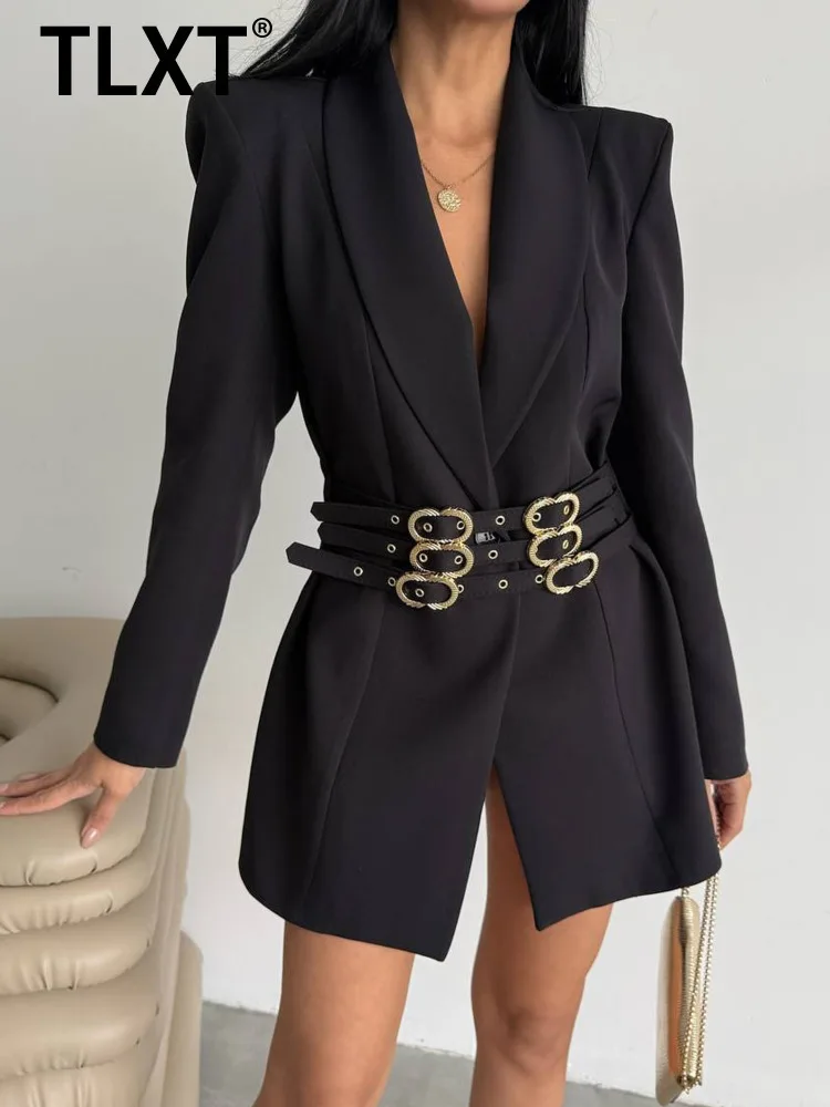 

TLXT модные женские однотонные утягивающие ремни, модные пиджаки с лацканами и длинными рукавами, лоскутный пиджак на пуговицах, женская одежда