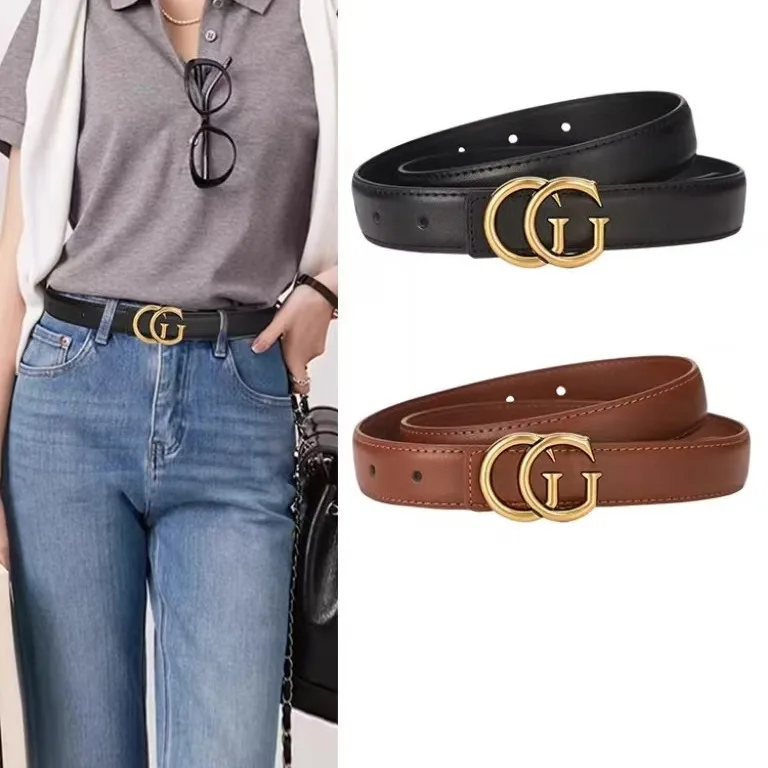 Double G Women's Belt Fashion Simple Light Luxury Smooth Buckle Fashion Women's Trouser Belt with High Sense Men's Trouser Belt
