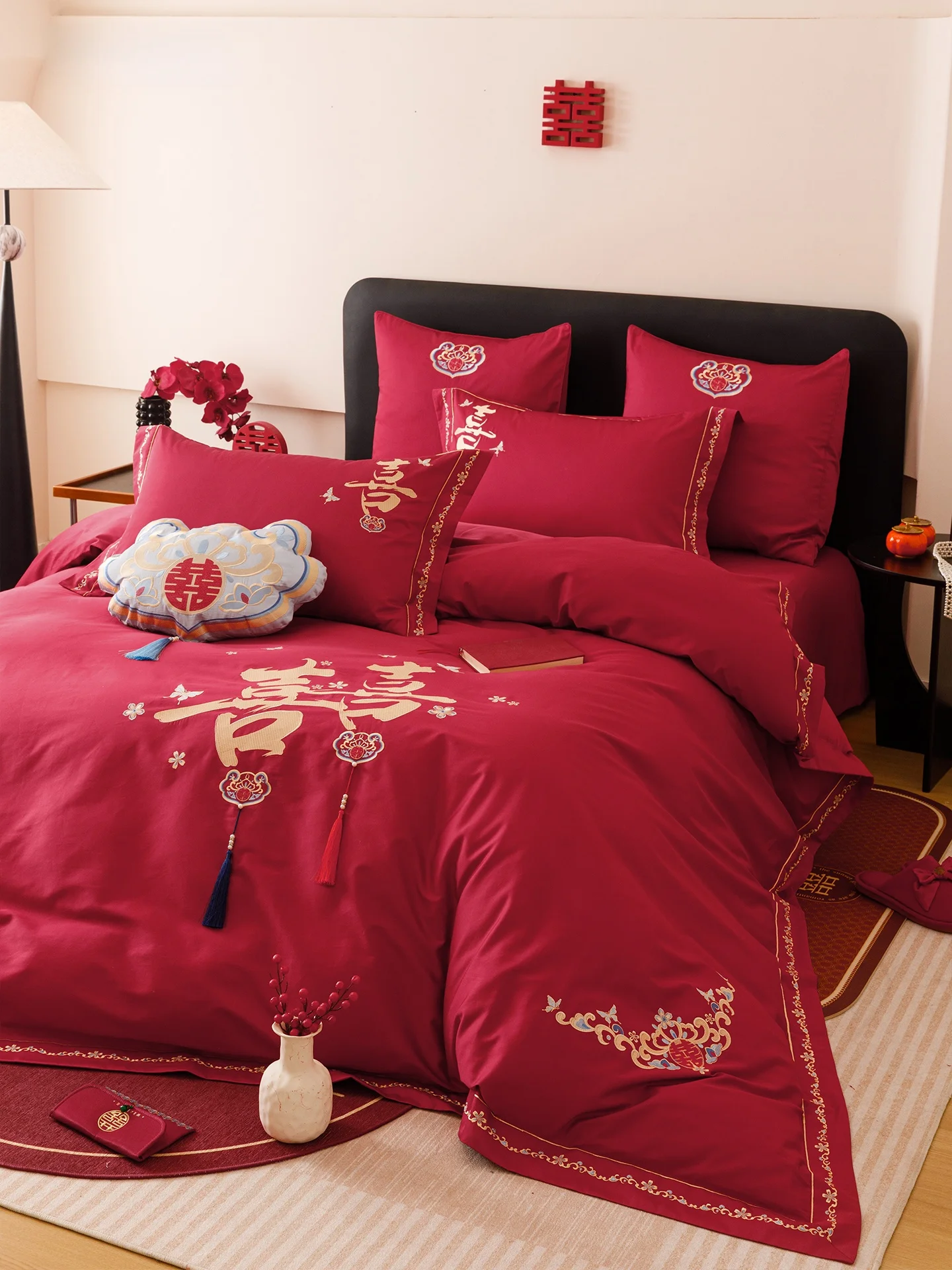 

New Chinese Sle Wedding Cotton Bedding Set Red Luy Quilt Pure Cotton Cover Brideom's Gift Bed eet Bedding Accories
