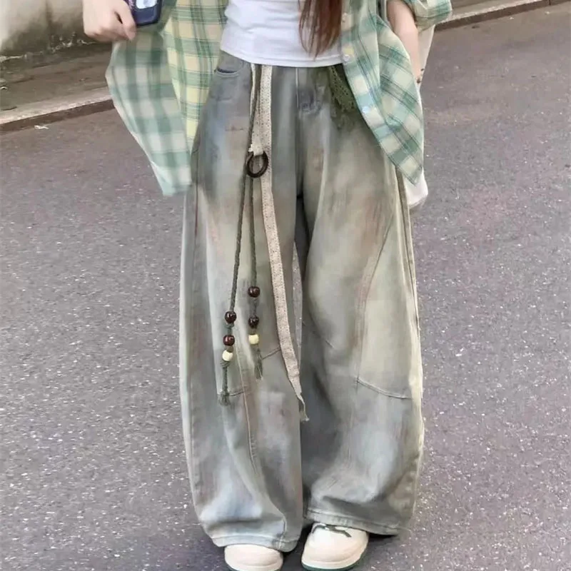 

Женские джинсы с эффектом потертости и изогнутым кроем, осенние прямые ковбойские брюки, американские женские джинсы с высокой талией свободного кроя