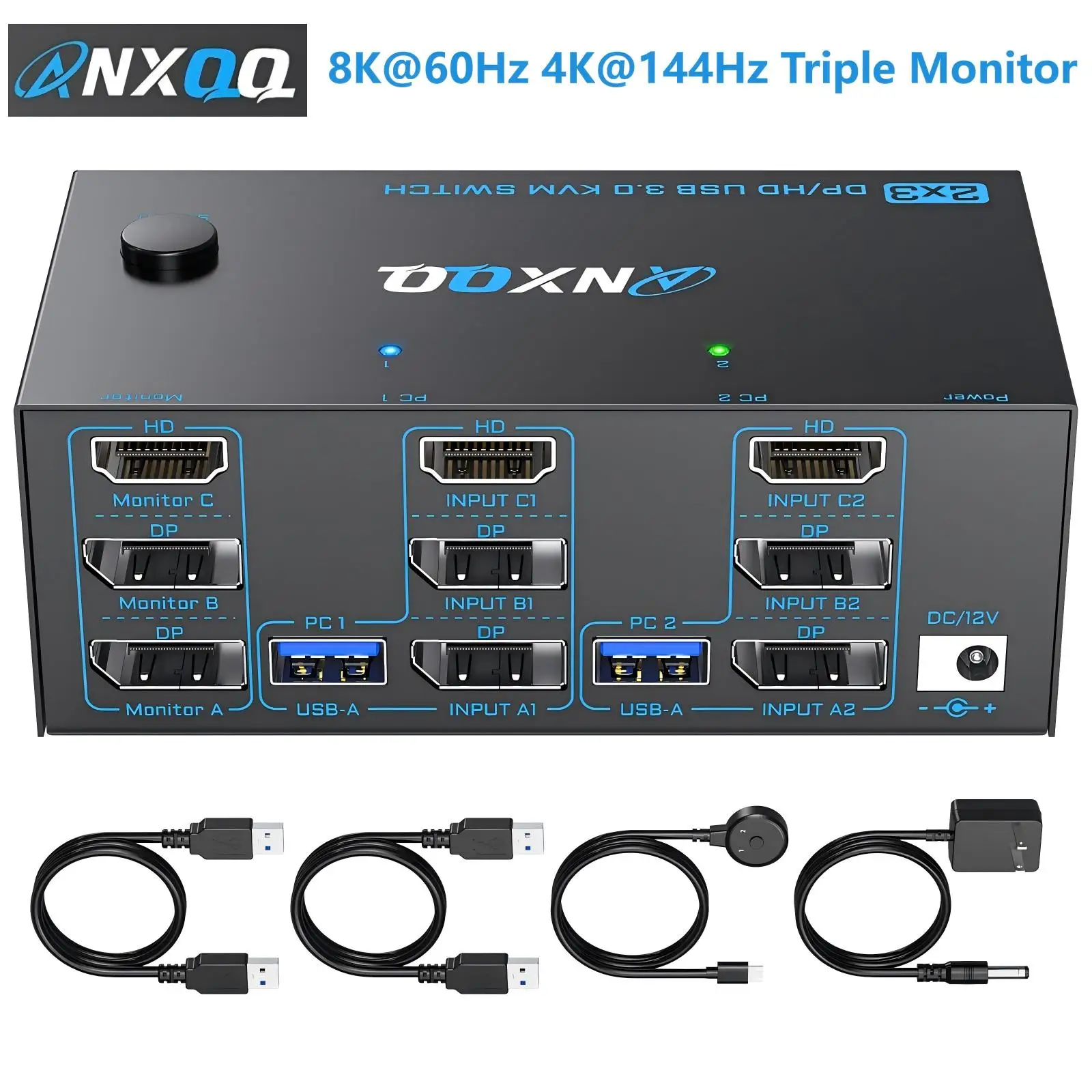 

HDMI+2 Displayport KVM Switch 3 Monitors 2 Computers,4K@144Hz Triple Monitor KVM Switch for 2 PC 3 Monitor with 4 USB 3.0 Ports