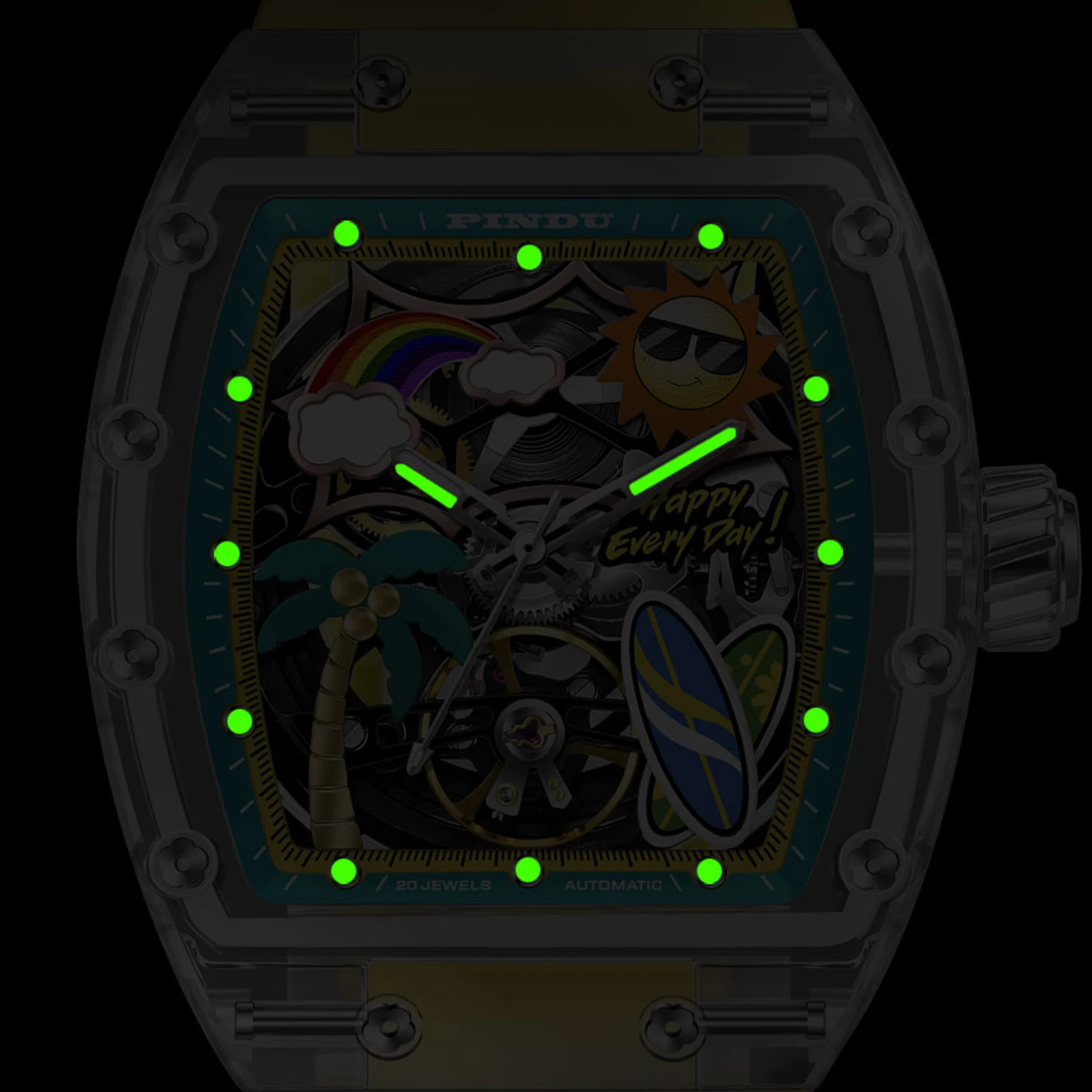 PINDU Design New Bucket Shaped Mechanical Men Watch K9 Glass Summer Beach Style Night Light Silicone Waterproof Automatic Watch view 4