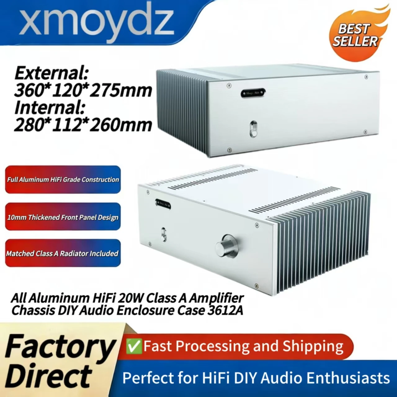 

Корпус для Hi-Fi усилителя класса А 20 Вт, полностью алюминиевый, 360*120*275 мм, модель 3612A, для самостоятельной сборки аудиооборудования, внутренний размер 280*112*260 мм