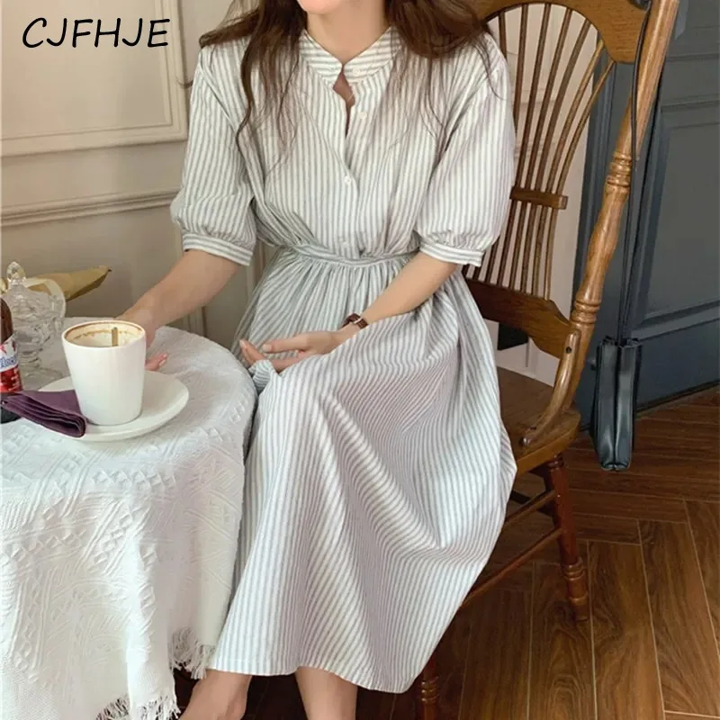 CJFHJE-فستان قميص مخطط عالي الخصر للنساء ، برباط ، كلاسيكي ، كاجوال ، فساتين طويلة ، موضة كورية ، أنيقة ، ربيع ، صيف ، جديد