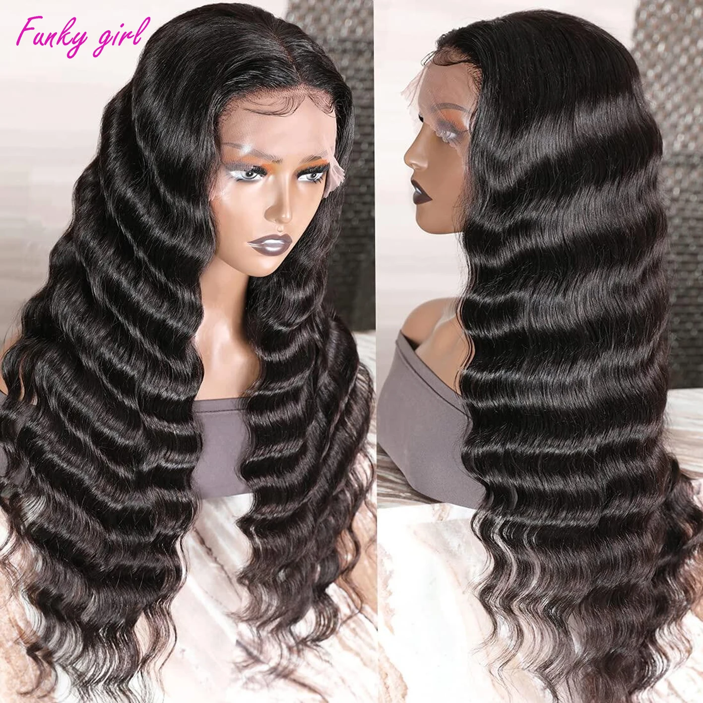 Perruque Lace Front Wig naturelle bouclée, cheveux humains, Deep Wave, 13x4, pre-plucked, avec baby hair, densité 180%