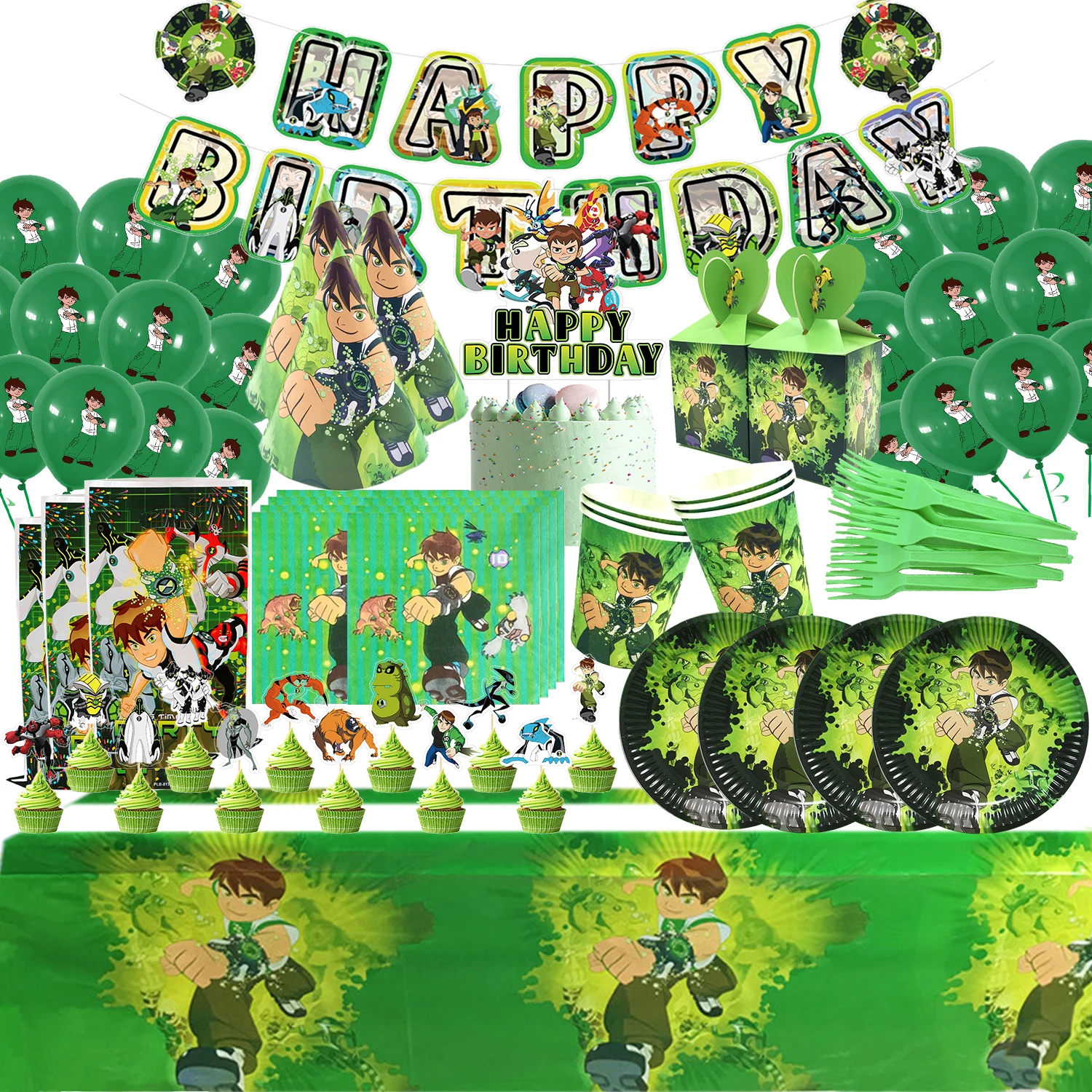 

Green Running Boy Birthday Party Decoration Cartoon 10 Theme Baby Shower Party Supplies Cake Topper Cup Tablecloth Bags Backdrop