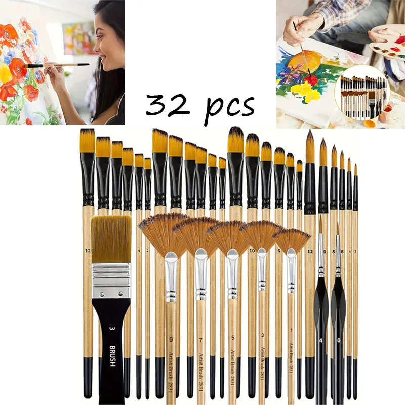 

32 шт., набор кистей для рисования художника, нейлоновая щетина премиум-класса с круглой плоской веерообразной угловой кистью с тонкими деталями для подходит художника