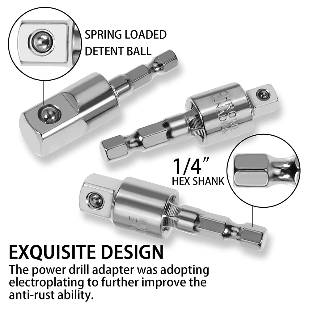 3 Pack Impact Grade Socket Adapter 360-Degree Universal Joint Swivel Socket Set, Socket to Drill Adapter