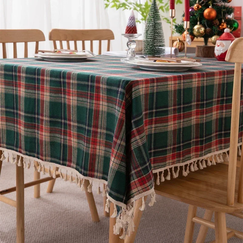 Green Plaid Christmas Tartan Tablecloth 2024 New Year Xmas Festival Decor Family Gathering Restaurant Home Textile Table Cover