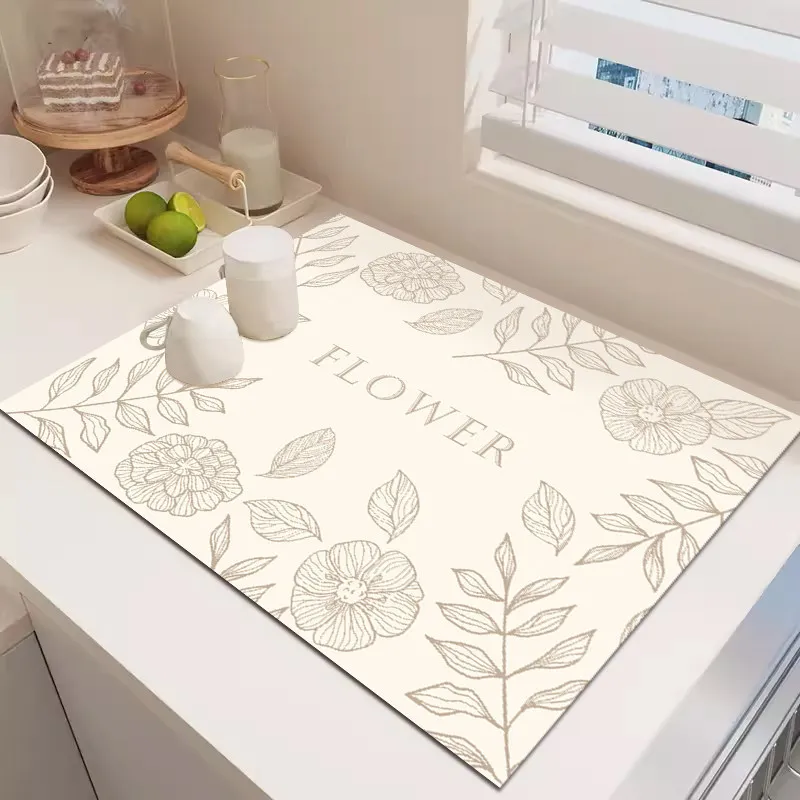 Beige Floral Sketch Kitchen Drying Mat Absorbent Dish Pad with Flower Print