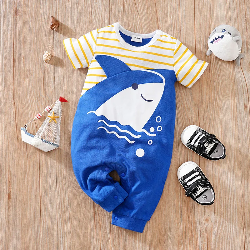 Summer Boys And Girls Cute Cartoon Shark Print Casual Cotton Comfortable Short Sleeve Baby Bodysuit