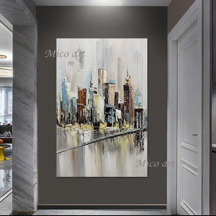 Building Street Landscape Oil Painting Canvas, Unframed Pictures, Living Room Wall Decor Art, Modern Abstract Acrylic Painting