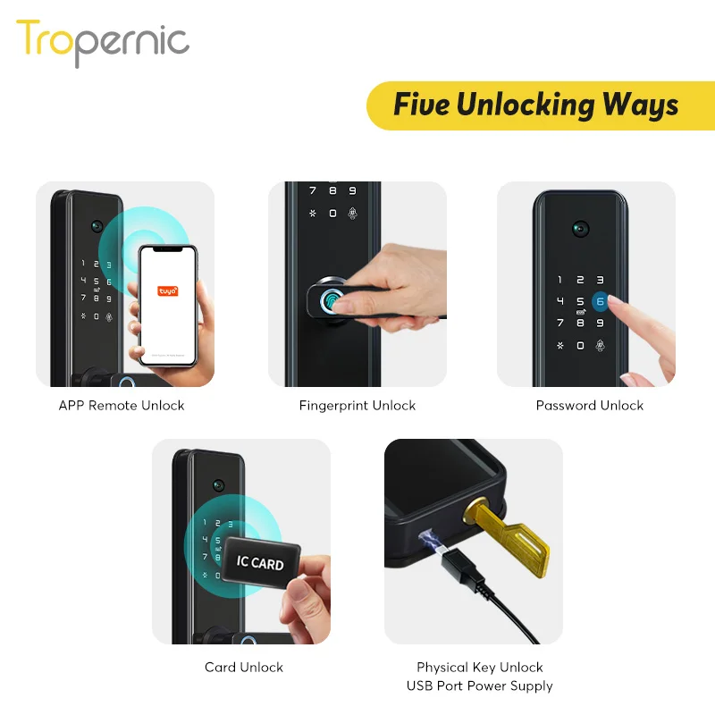 Tropernic Newest Keyless Security Electronic Digital Tuya Phone App Wifi Camera Smart Fingerprint Lock Outdoor with 6068 Mortise