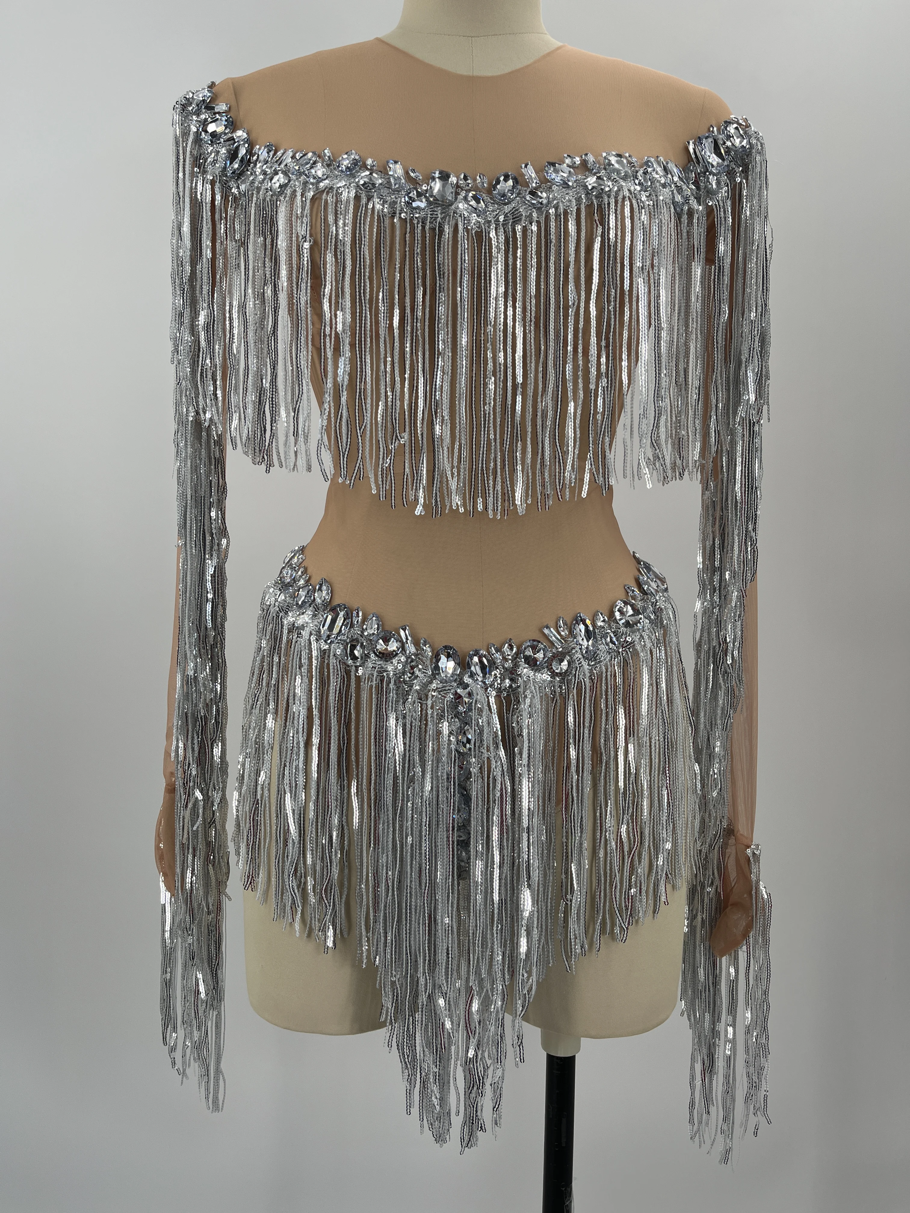 Vestido de una pieza de malla elástica para mujer, traje Sexy de manga larga con borlas brillantes y diamantes de imitación para fiesta, club nocturno, actuación de cantante