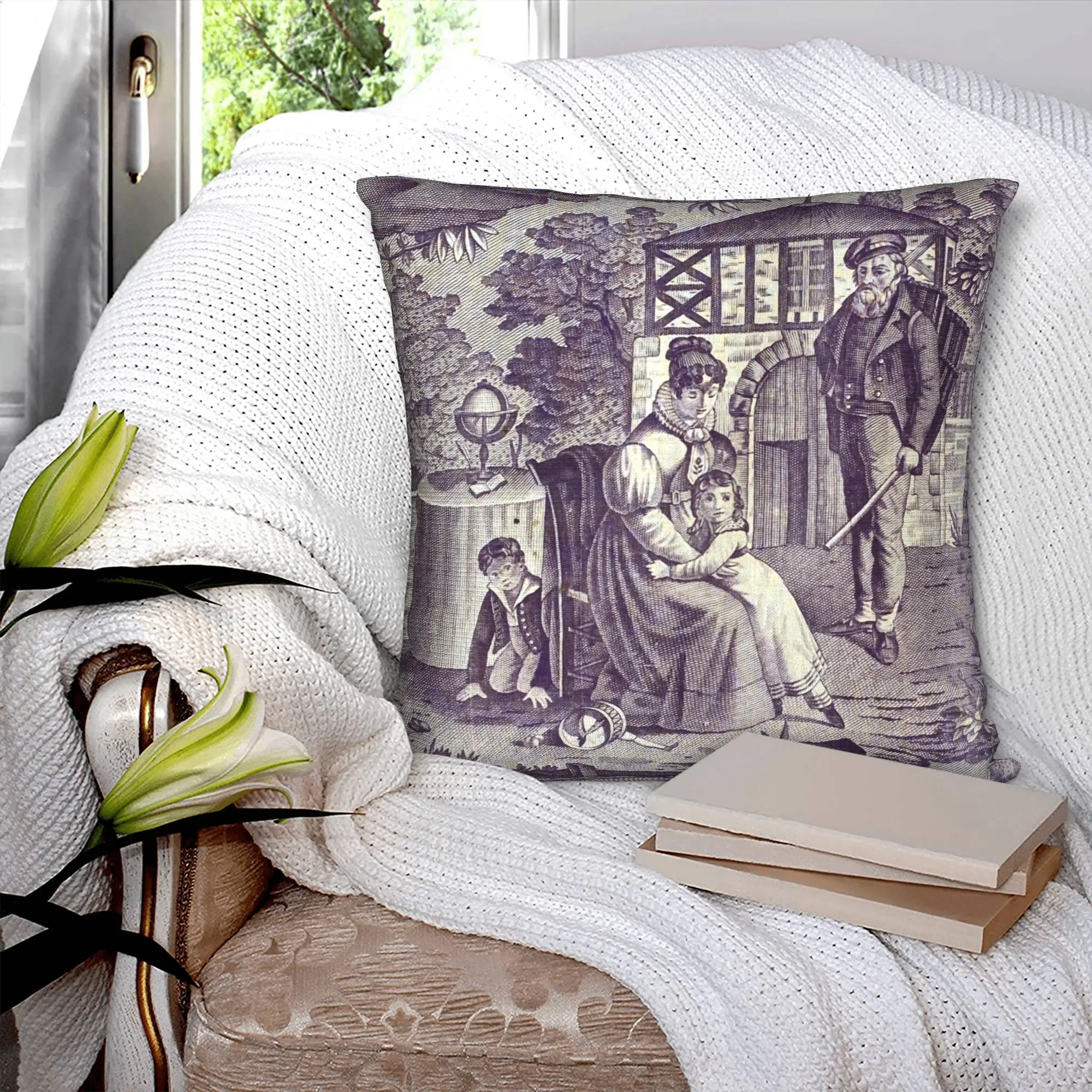 French Toile De Jouy Navy Blue Motif Pattern Pillow for Sofa Traditional France Art Modern Cushion Cover Square Pillowcase