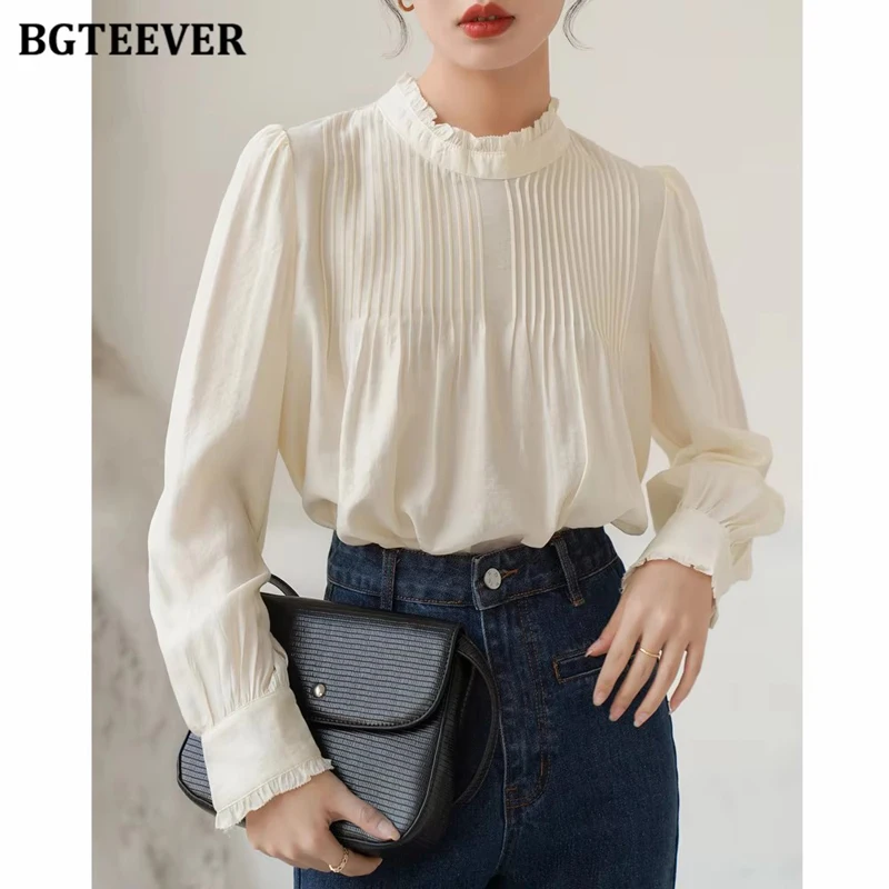 

BGTEEVER Elegant Stand Collar Women Blouses 2022 Spring Summer Puff Sleeve Loose Female Solid Shirts Ladies Blusas