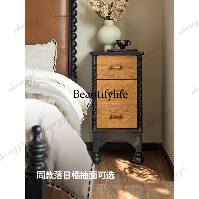 D132 Solid wood bedside table French light retro color matching living room storage narrow side cabinet 38cm