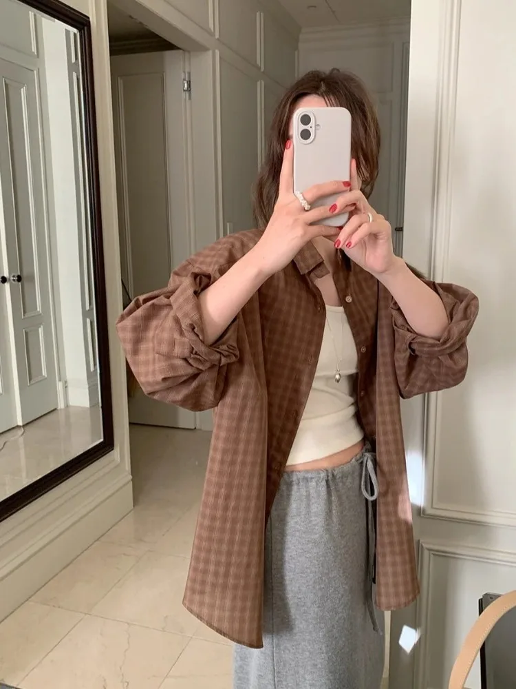 Primavera faion xadrez irt feminino coreano sle casual único botão longo sve turn-down colarinho vintage atarracado cardigan