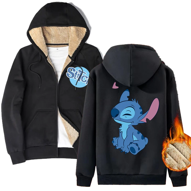 Disney Stitch Adult Hoodie Sweatshirts Cartoon Anime Plush Thickened Clothes Warm Soft Zipper Jacket Coat Birthday Winter Gifts