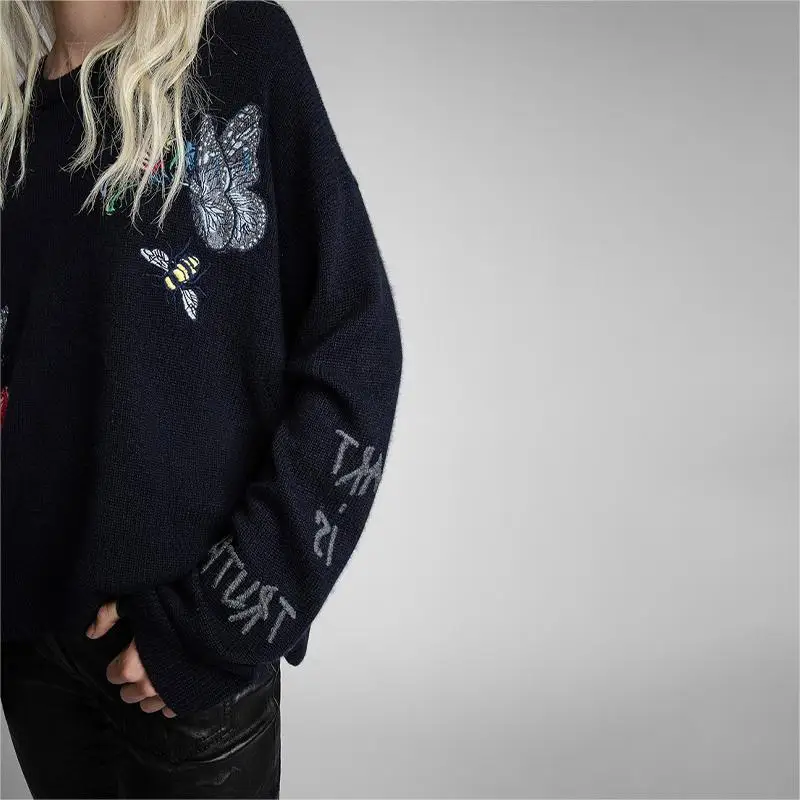 Zadig Cashmere Sweaters Women Loose Chic O-Neck Pullover Top Female Fashion Alphabet Embroidery Butterfly Flower Loosen Sweaters