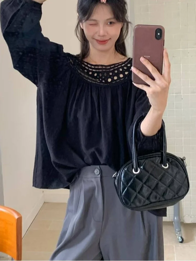 เสื้อผ้าผู้หญิงสไตล์เกาหลี แขนยาว ทรงหลวม ผ้าโพลีเอสเตอร์ ดีไซน์เว้าไหล่ แนวหวานเก๋ สำหรับงานแต่งงานหรือใส่ลำลอง