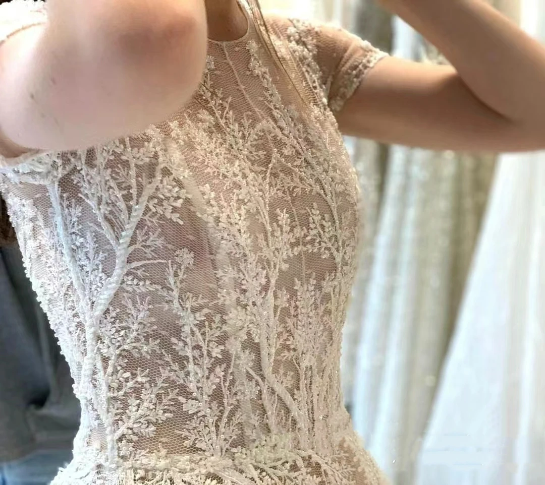 Vestidos De Novia Vintage bohemios, Vestidos De Novia De manga corta con cuello redondo, Apliques De encaje, batas acampanadas hasta el suelo, Vestidos De Novia