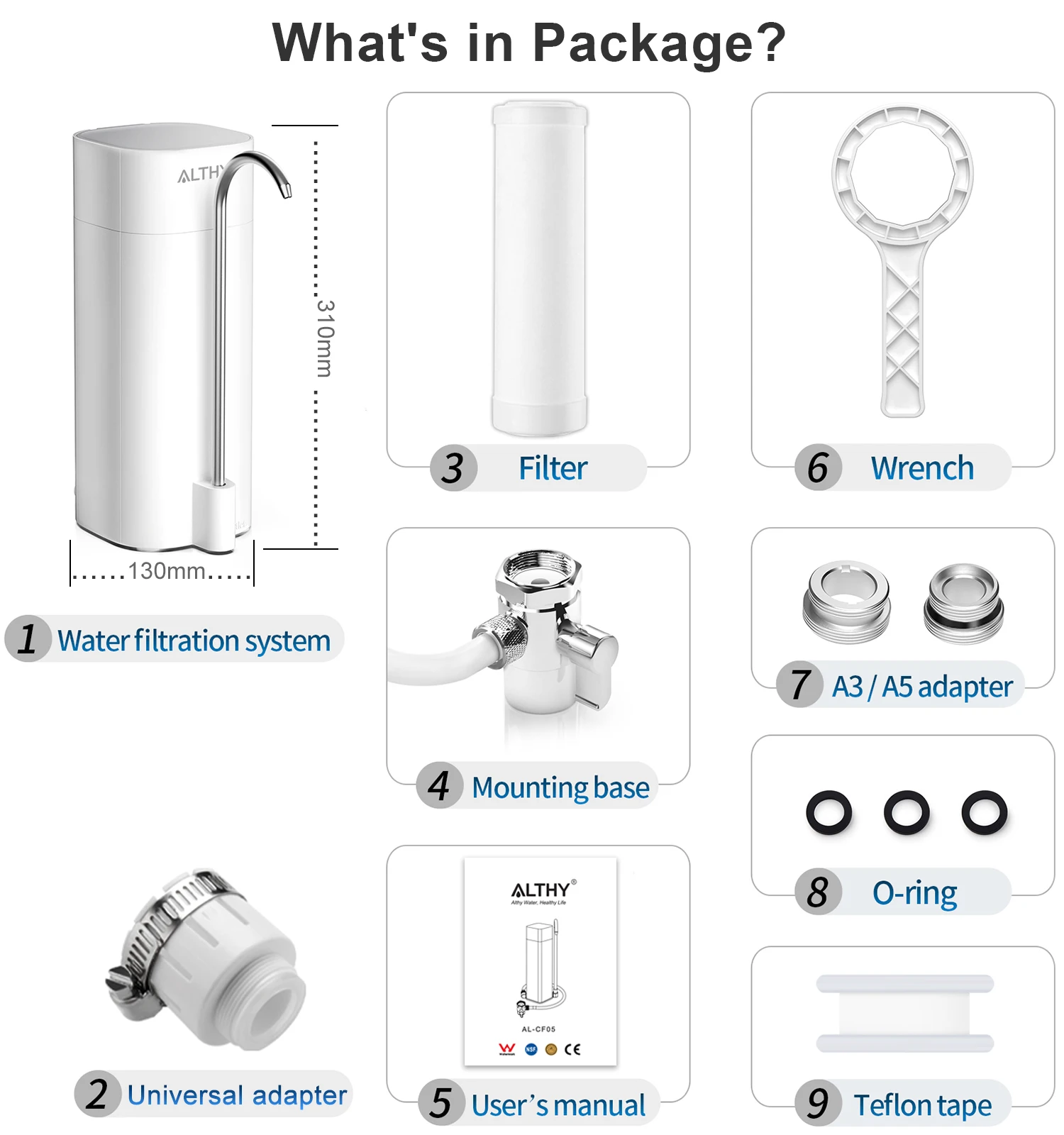 ALTHY Countertop Faucet Drinking Water Filter Purifier Ultrafiltration System, Reduces 99% Bacteria, Chlorine, Heavy Metals,Odor