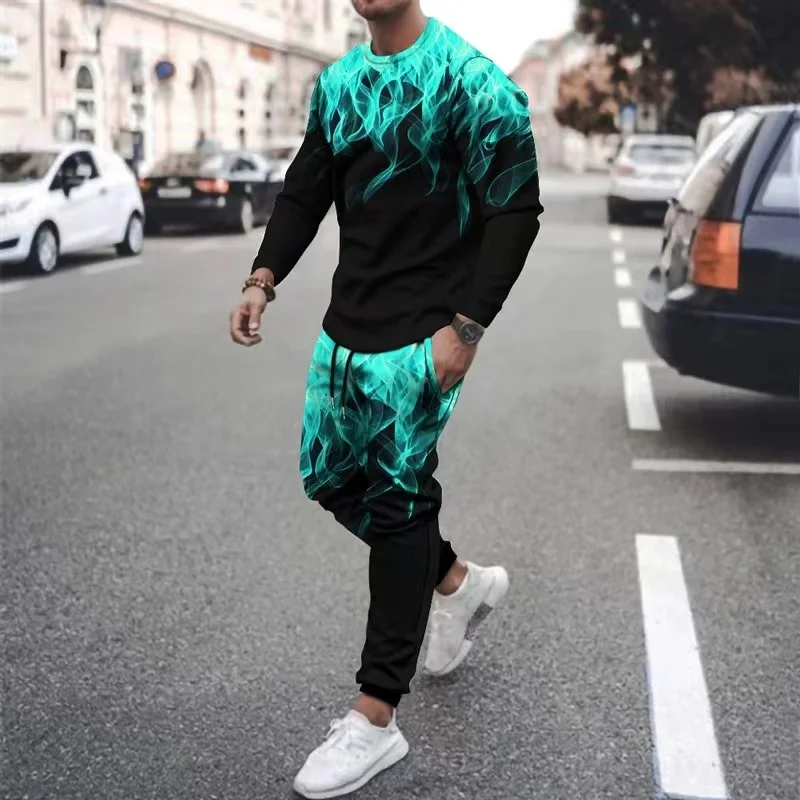 

Summer 2 Piece Sets Sport Tshirts Joogers Men's Tracksuit Colored Flame Pattern 3D Printed Long-Sleeved T-shirt Trousers Casual