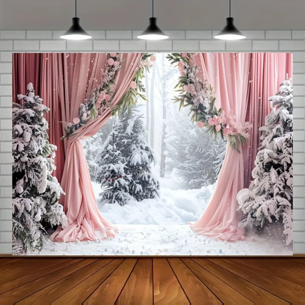 Winter Wonderland Background with pink curtain Snow forest photography Background Family holiday birthday party