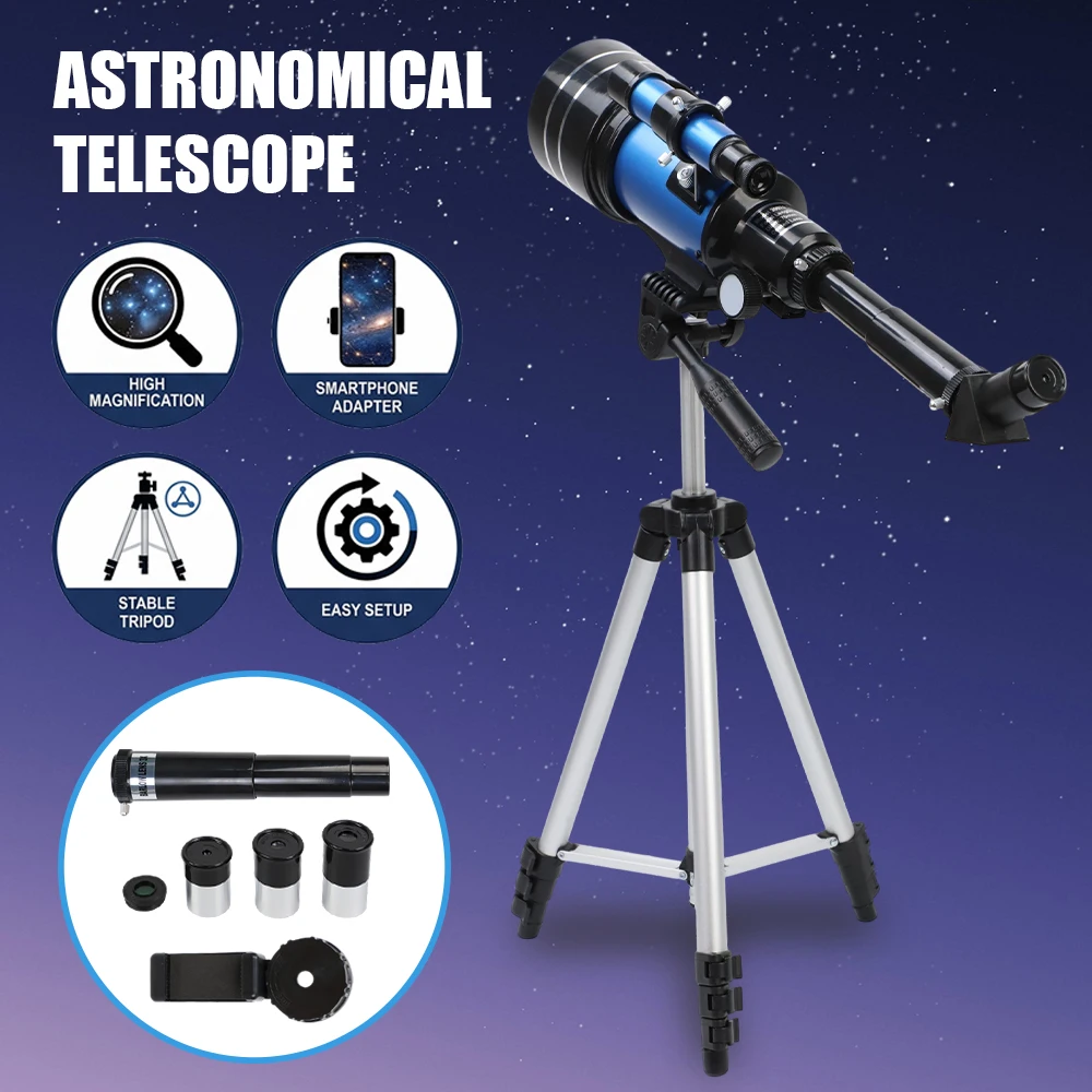 Télescope réfracteur astronomique portable de 70 mm pour débutants adultes, longueur focale de 300 mm, grossissement de 15x à 150x, avec optique FMC et adaptateur pour téléphone pour l'observation de la lune et des étoiles