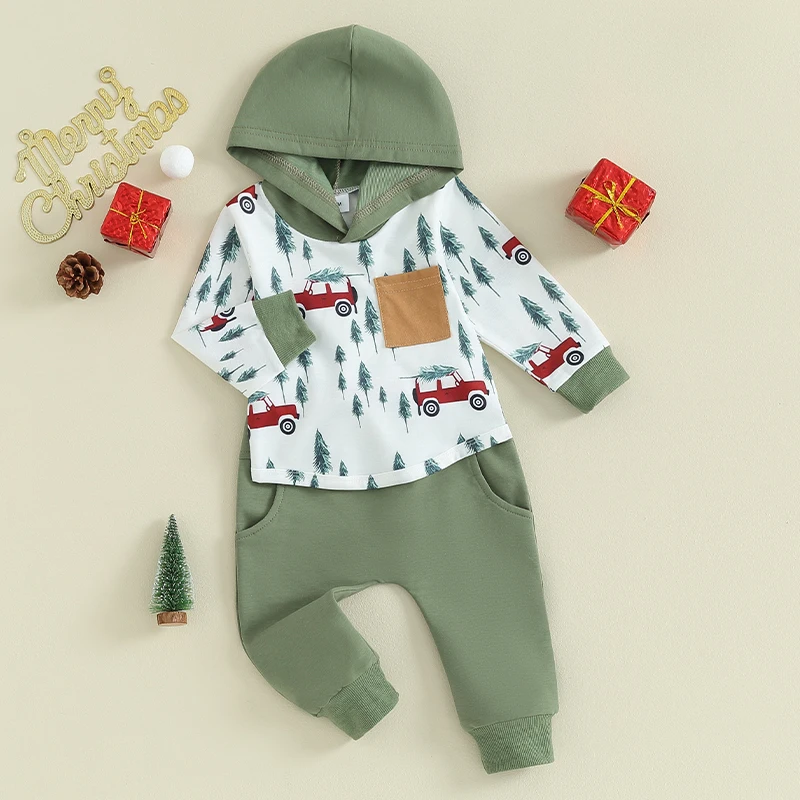 2023-10-06 Lioraitiin 0-3Y Newborn Baby Boys Christmas Clothes Sets Car Print Long Sleeve Hooded Sweatshirts Pocket Pants Outfit