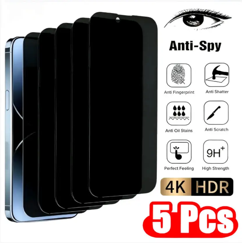 5PCS Anti Peep Privacy Tempered Glass For iPhone 12 13 14 15 Pro Max 16 17 Anti Spy Screen Protector