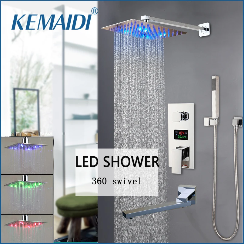 KEMAIDI Chrome LED Digital Display Shower Faucet Set Rainfall Folding Bathtub Shower System LCD Digital Shower Mixer Taps