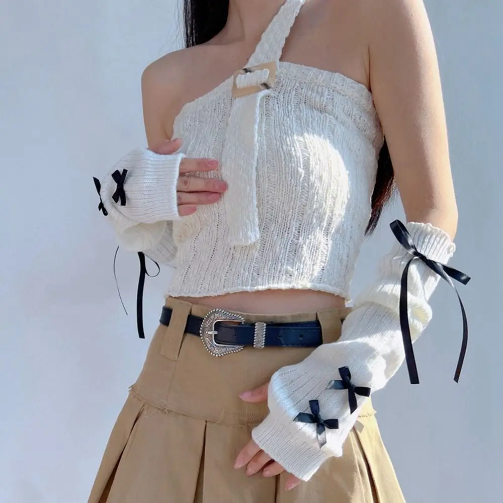 Couvre-bras élastique Y2K, manches chaudes, ruban à nœud papillon, Style Ballet, chauffe-bras tricoté, Style coréen, gants sans doigts doux JK