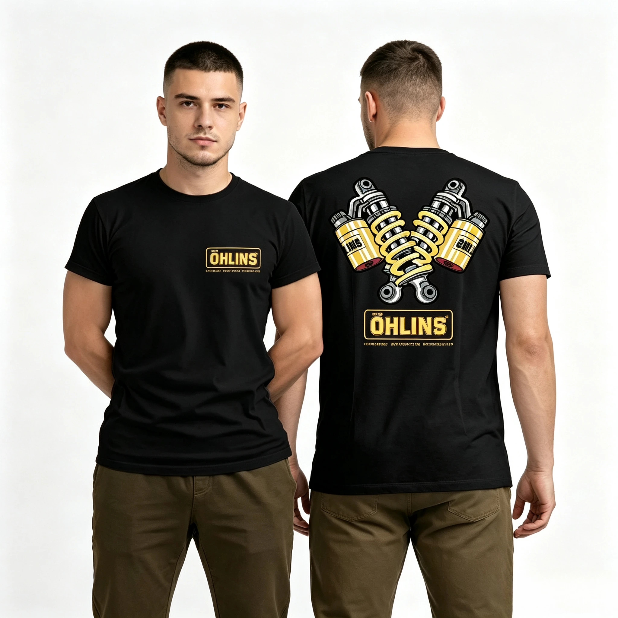 A Stylish and Fun OHLINS Motorcycle Shock Absorber Pattern 2026 Summer Print Pure Cotton Loose Casual Retro T-shirt