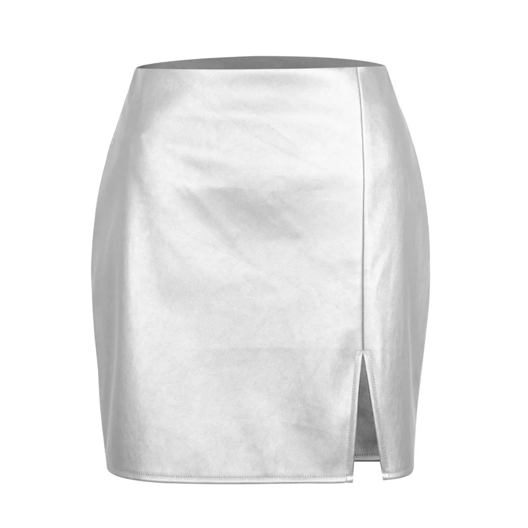 Nowość w 2025 Metal Silver Gold PU Leather High Waist Split Sexy Bodycon Short Skirts Women Spring Fall Streetwear Club Skirts