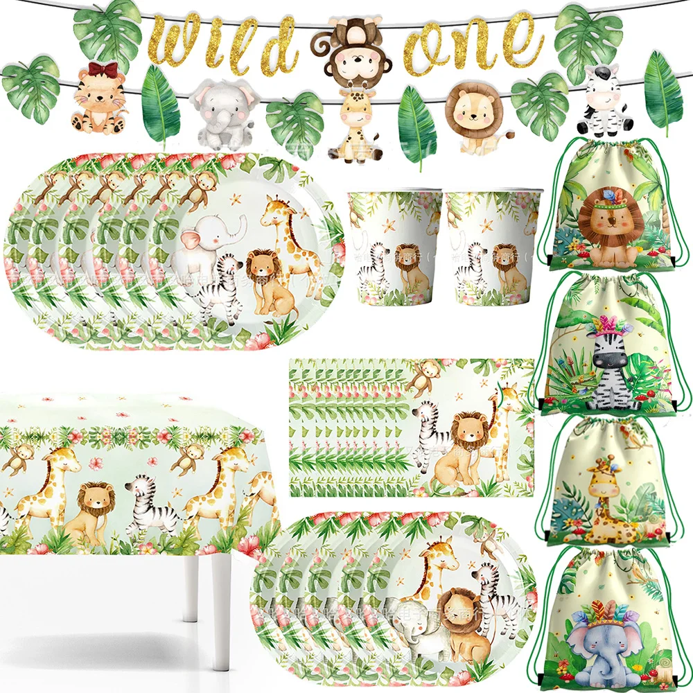 Suministros para fiesta de cumpleaños de animales de la selva, vajilla de animales de Safari, platos de papel, vasos, servilletas, decoraciones de Safari en la jungla