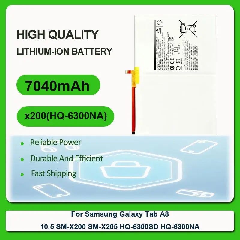 Replacement Tablet Battery For Samsung Galaxy Tab A8 10.5 SM-X200 SM-X205 HQ-6300SD HQ-6300NA x200(HQ-6300NA) 7040mAh
