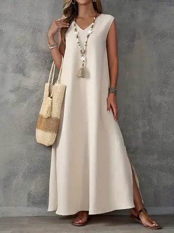 Women's Casual Linen Look Maxi Dress, V-Neck Sleeveless Side Split Loose Long Dress for Beach Vacation