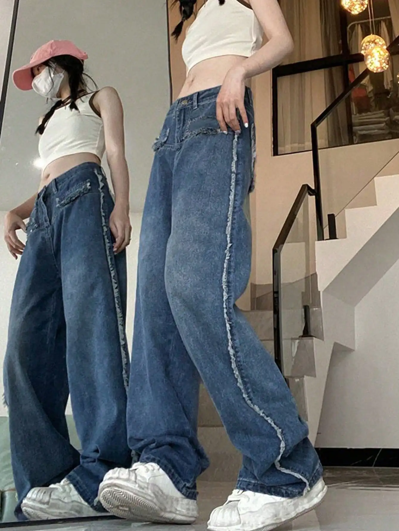 Korean Chic Autum American Retro High Street Raw Edge Jeans Small High Waist Slim Draped Wide Leg Pants for Women