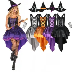 Adult Halloween Witch Costume Sexy Swallow Tail Tuxedo Dresses Purple Orange Silver Black Carnival Cosplay Dress with Hat