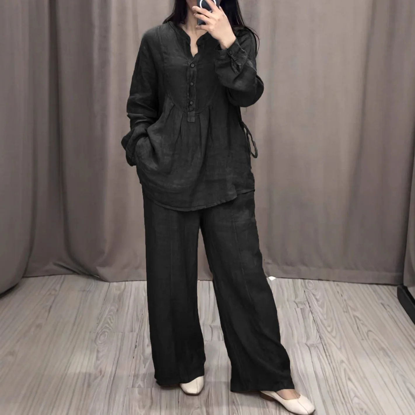 Muslim 2 Piece Sets Women Blouse Top Suit Wide Leg Pants Lace Up Button Dubai Islam Outfits Straight Trousers Ensemble 2025