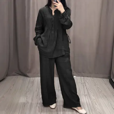 무슬림 여성용 투피스 세트 블라우스 탑 수트 와이드 레그 팬츠 레이스업 버튼 두바이 이슬람 의상 스트레이트 트라우저 앙상블 2025